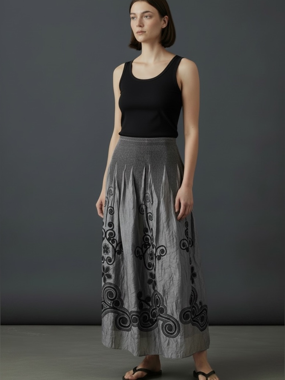 ❤️ Anthropologie x Lapis Grey and Black Embroidered Skirt, OSFM